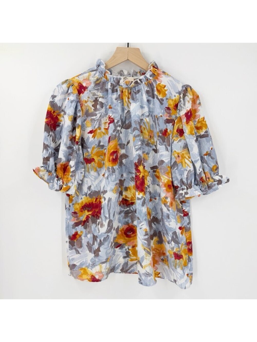 Entro Floral Mock Neck Boutique Puff Sleeve Blouse Top Size M Spring